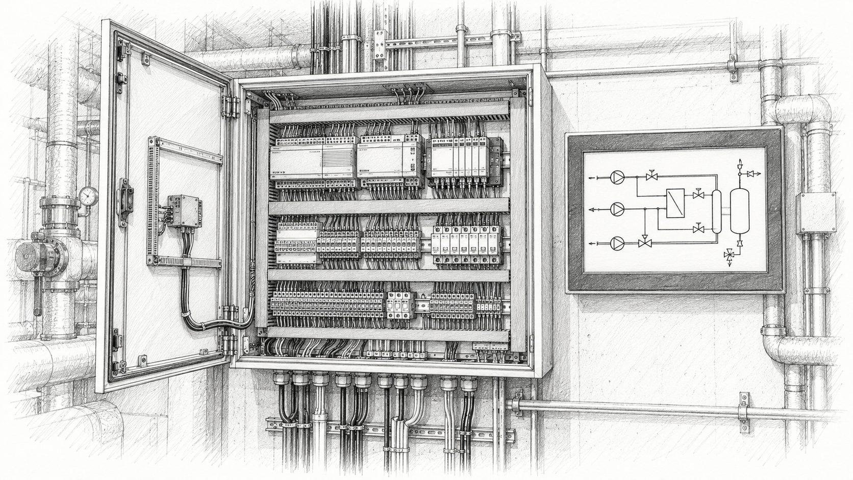 Zeichnung: Schaltschrank mit Regelung und Bedienpanel