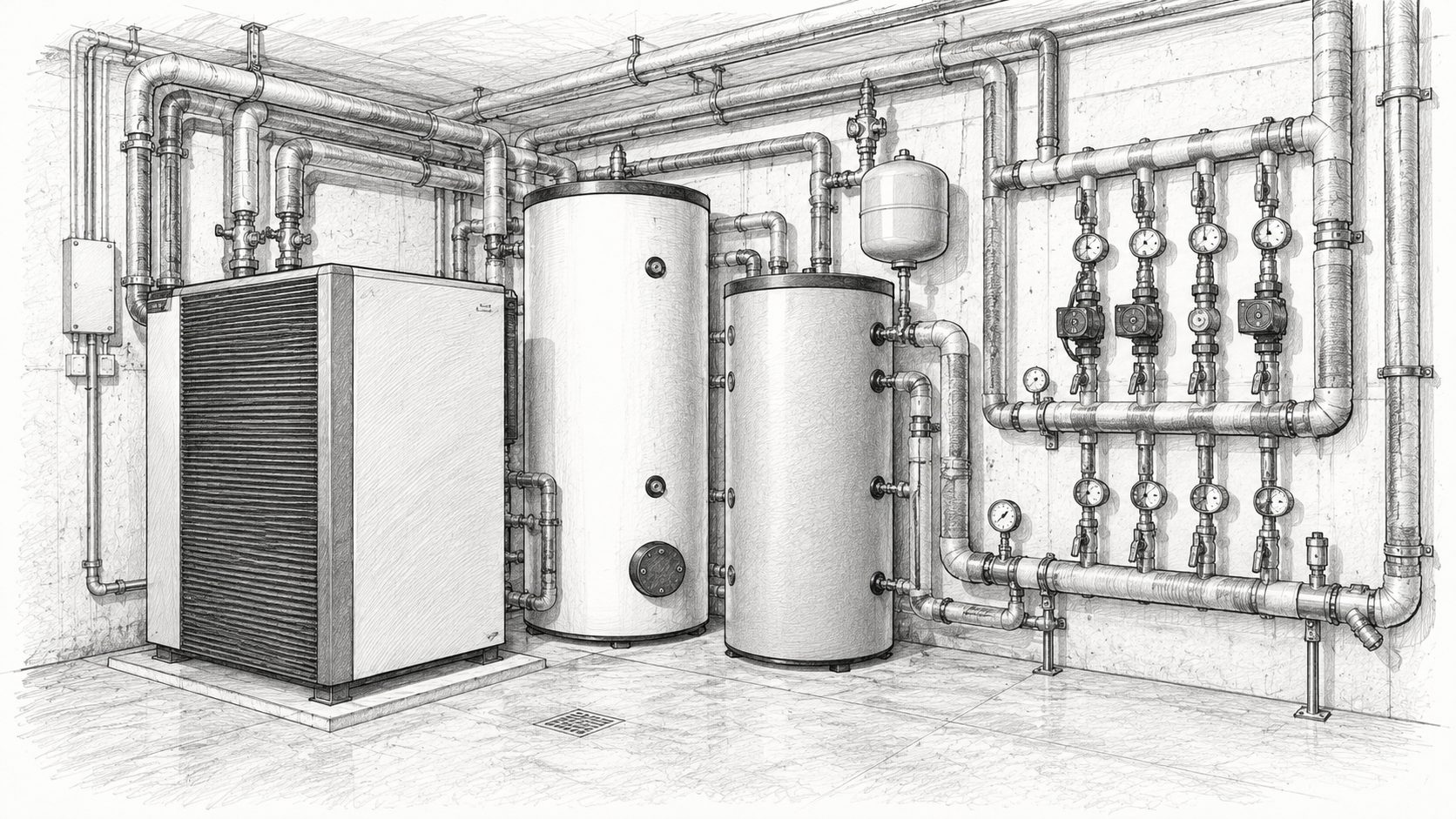 Zeichnung: Technikraum mit Wärmepumpe, Speicher und Heizverteiler