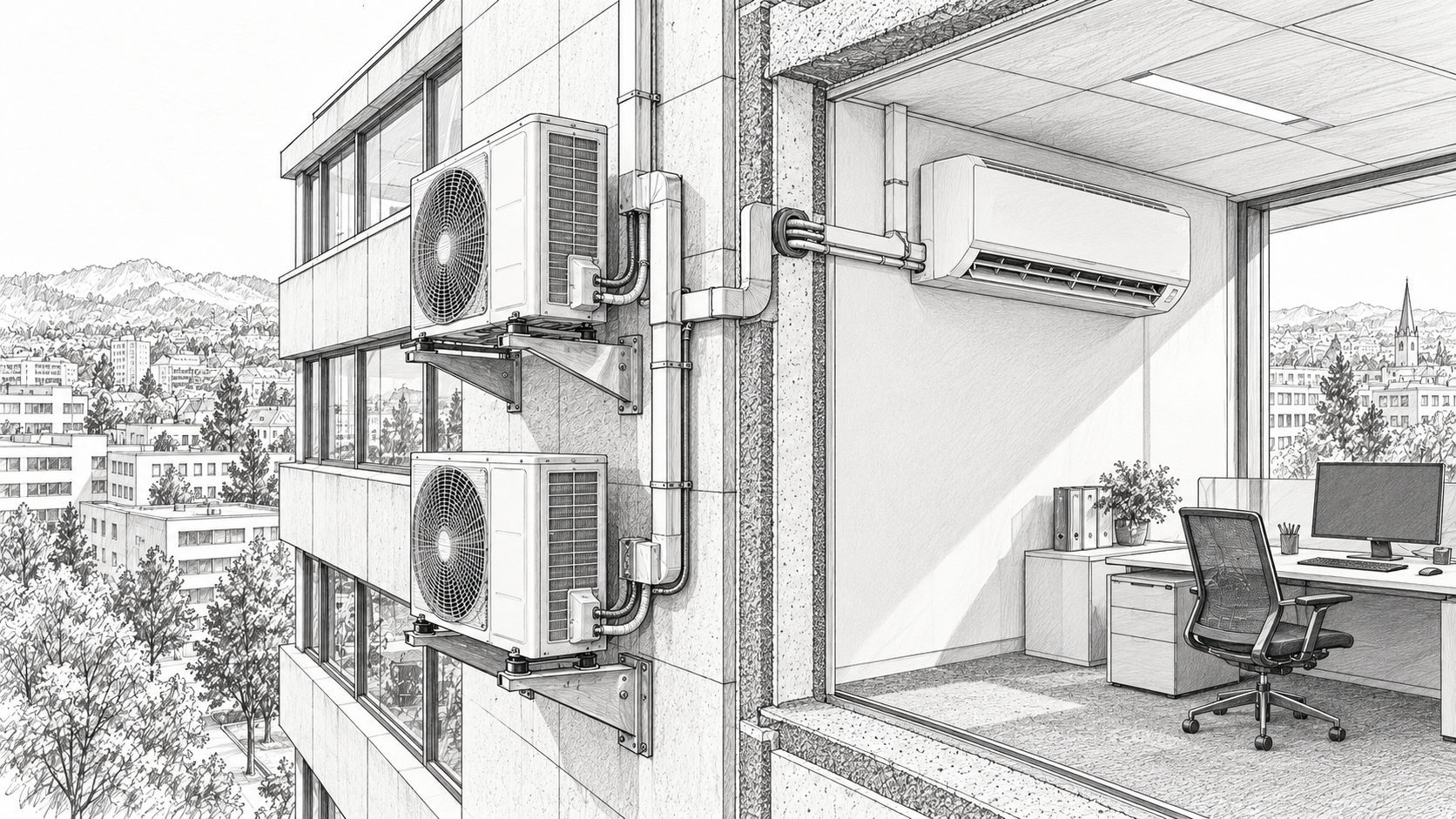 Zeichnung: Klima-Aussengeräte an der Fassade und Innengerät im Büro