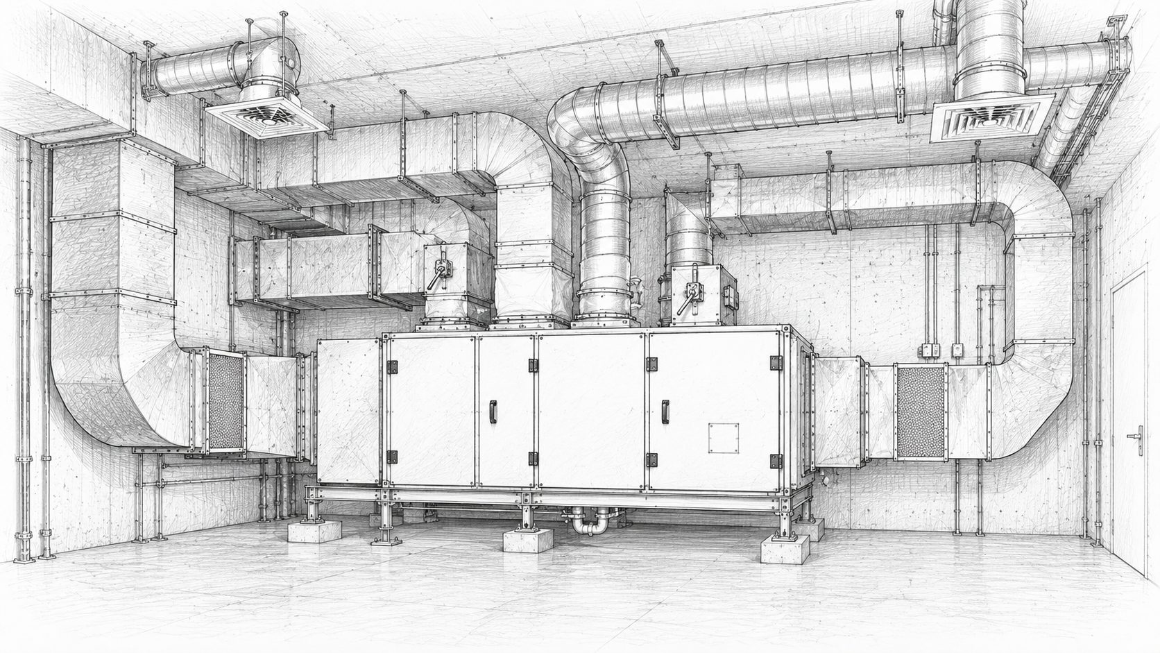 Zeichnung: Lüftungsgerät mit Kanälen im Technikraum