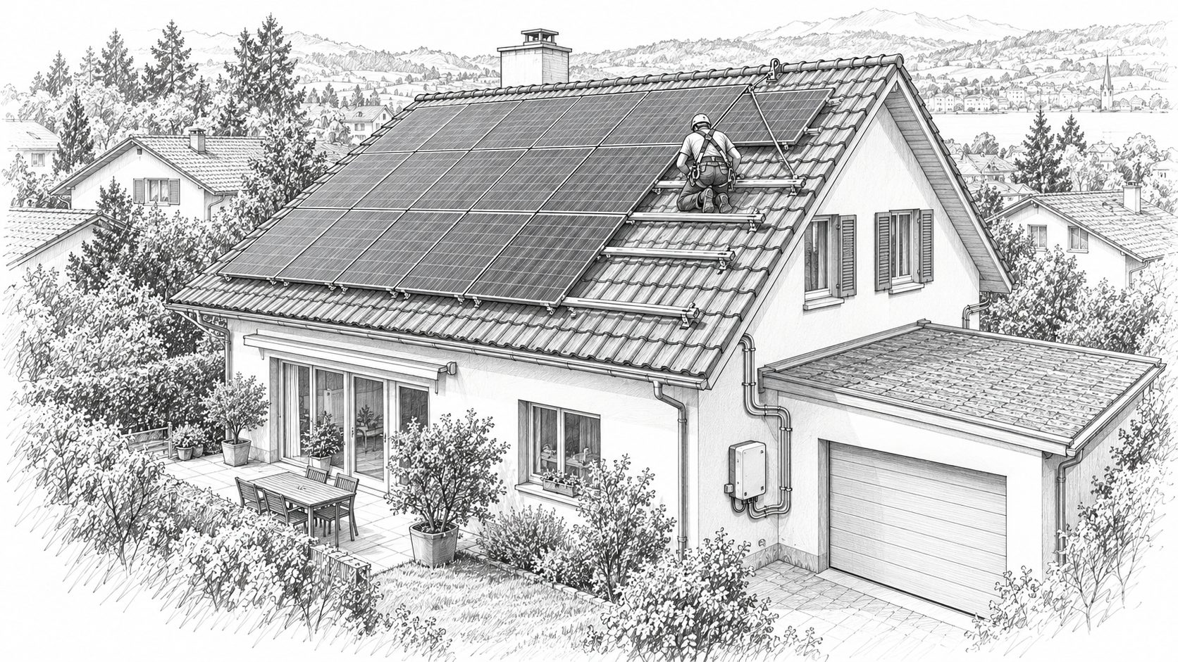 Zeichnung: Photovoltaikanlage auf dem Dach eines Einfamilienhauses