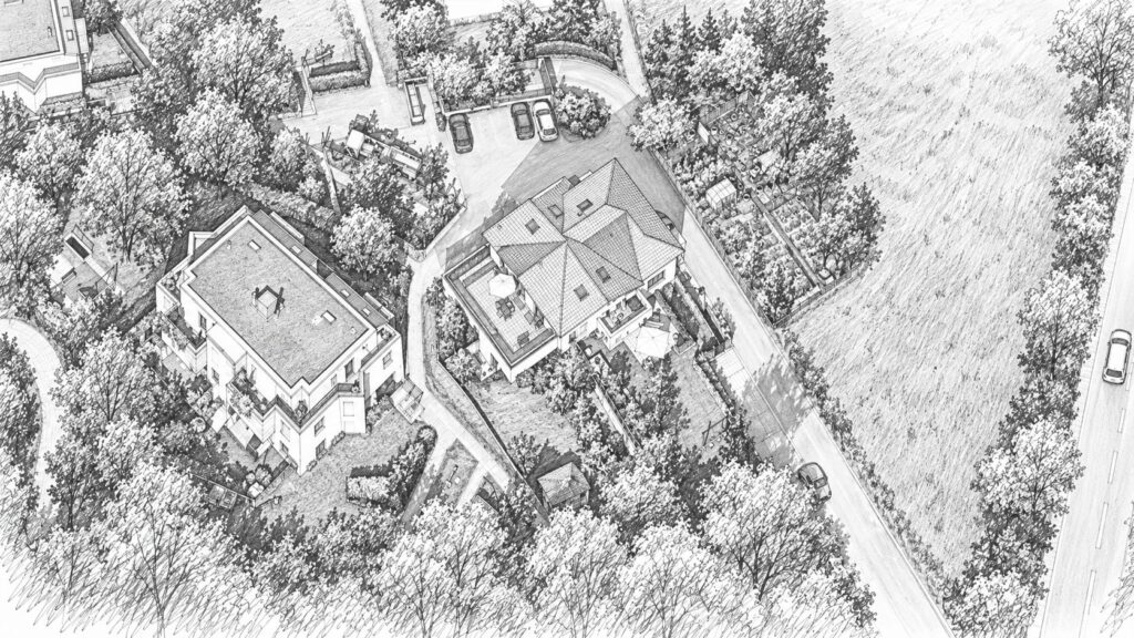 Zeichnung: Mehrfamilienhaus Früebergstrasse in Baar aus der Vogelperspektive Zeichnung: Mehrfamilienhaus Früebergstrasse in Baar aus der Vogelperspektive