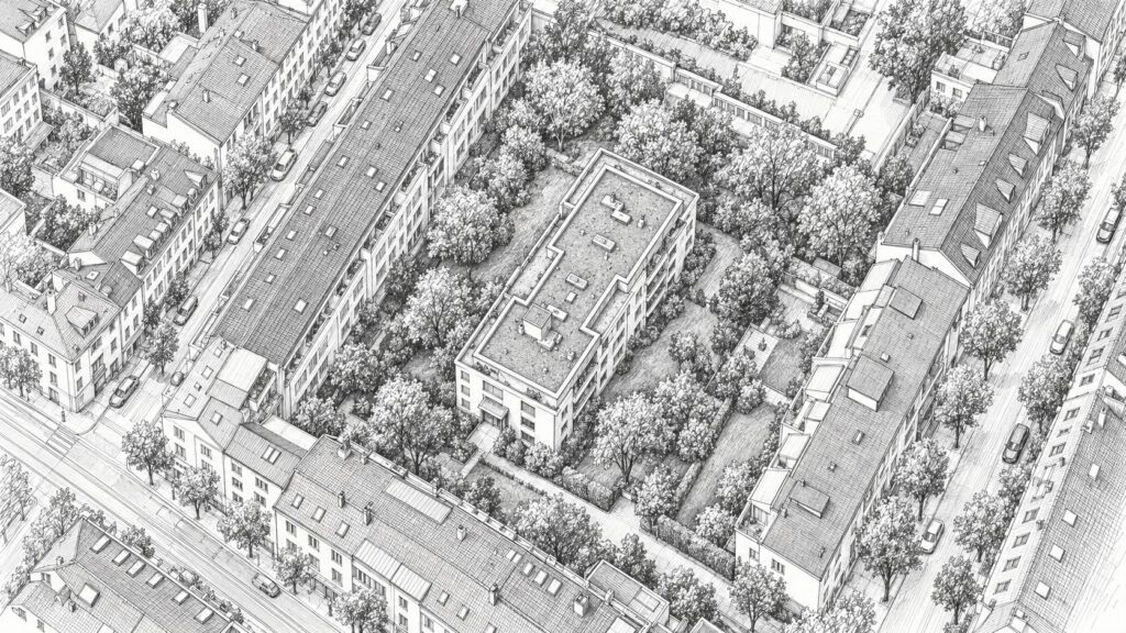 Zeichnung: Wohnkomplex Zwingerstrasse in Basel aus der Vogelperspektive