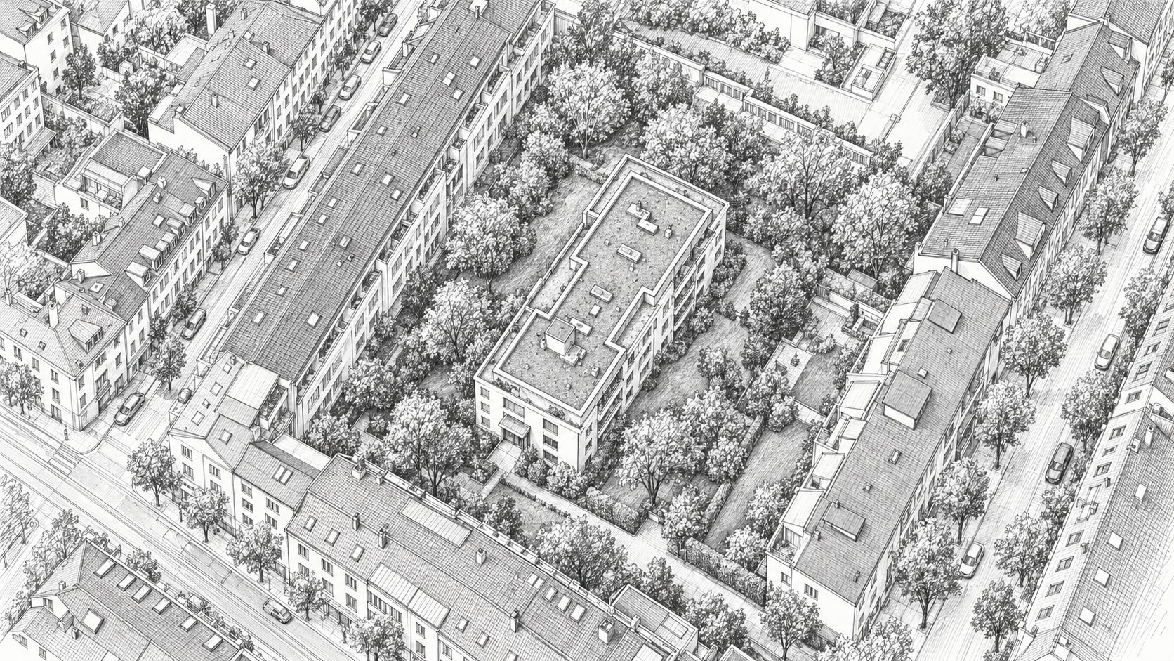 Zeichnung: Wohnkomplex Zwingerstrasse in Basel aus der Vogelperspektive