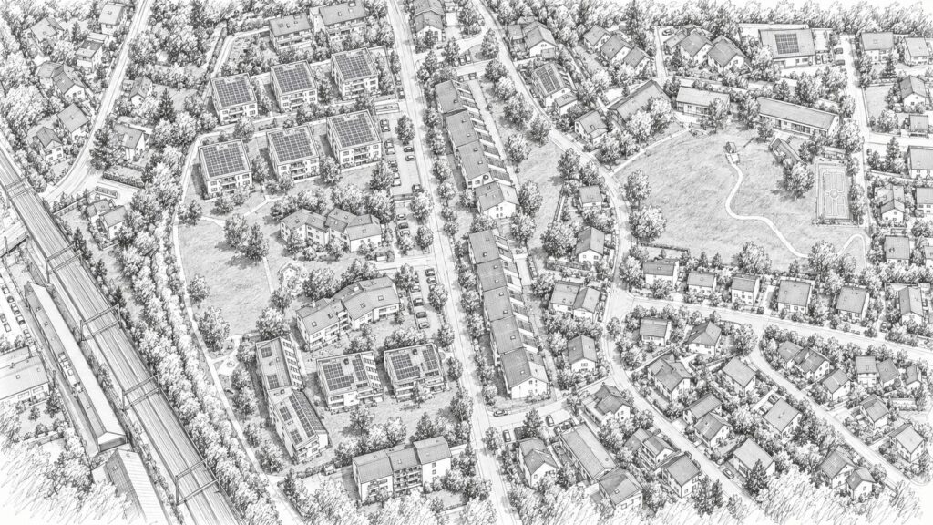 Zeichnung: Wohnkomplex Klosterfeldstrasse in Muri aus der Vogelperspektive