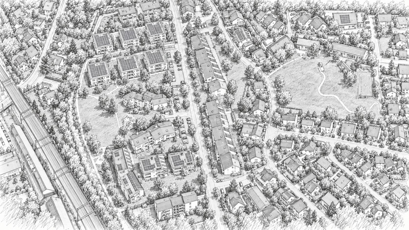 Zeichnung: Wohnkomplex Klosterfeldstrasse in Muri aus der Vogelperspektive
