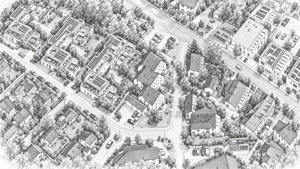 Zeichnung: Mehrfamilienhaus Bodenackerstrasse in Obfelden aus der Vogelperspektive Zeichnung: Mehrfamilienhaus Bodenackerstrasse in Obfelden aus der Vogelperspektive