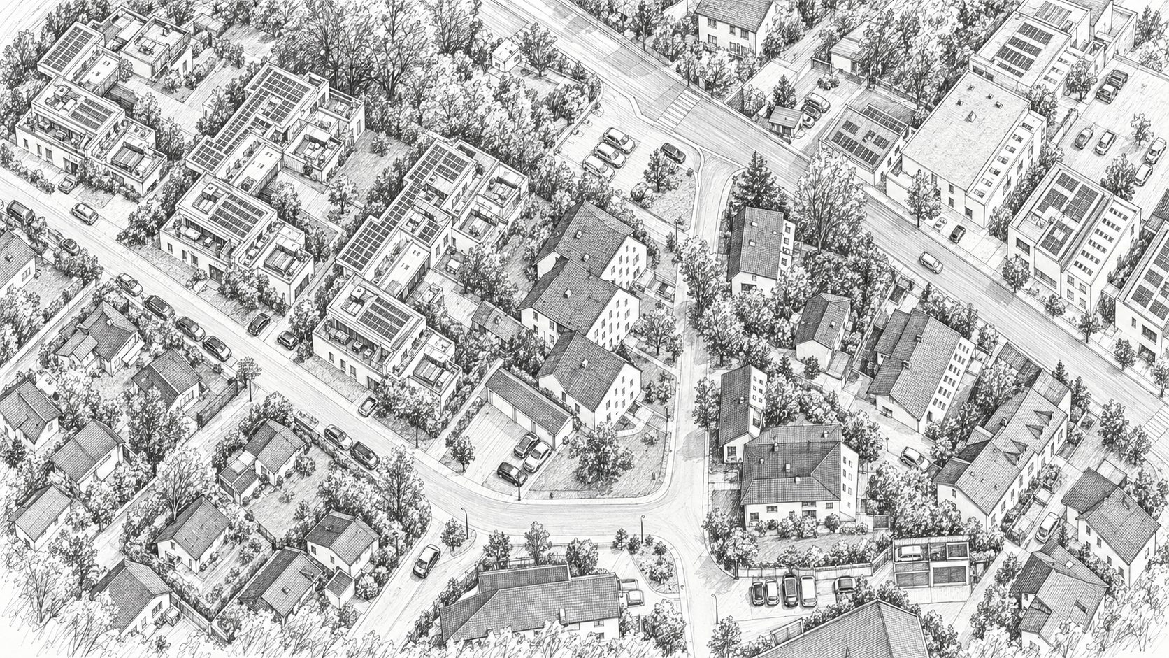 Zeichnung: Mehrfamilienhaus Bodenackerstrasse in Obfelden aus der Vogelperspektive