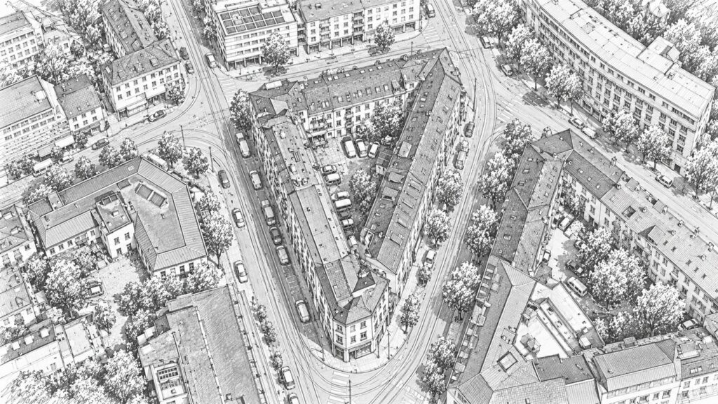 Zeichnung: Wohn- und Gewerbeliegenschaft Schaffhauserstrasse in Zürich aus der Vogelperspektive Zeichnung: Wohn- und Gewerbeliegenschaft Schaffhauserstrasse in Zürich aus der Vogelperspektive