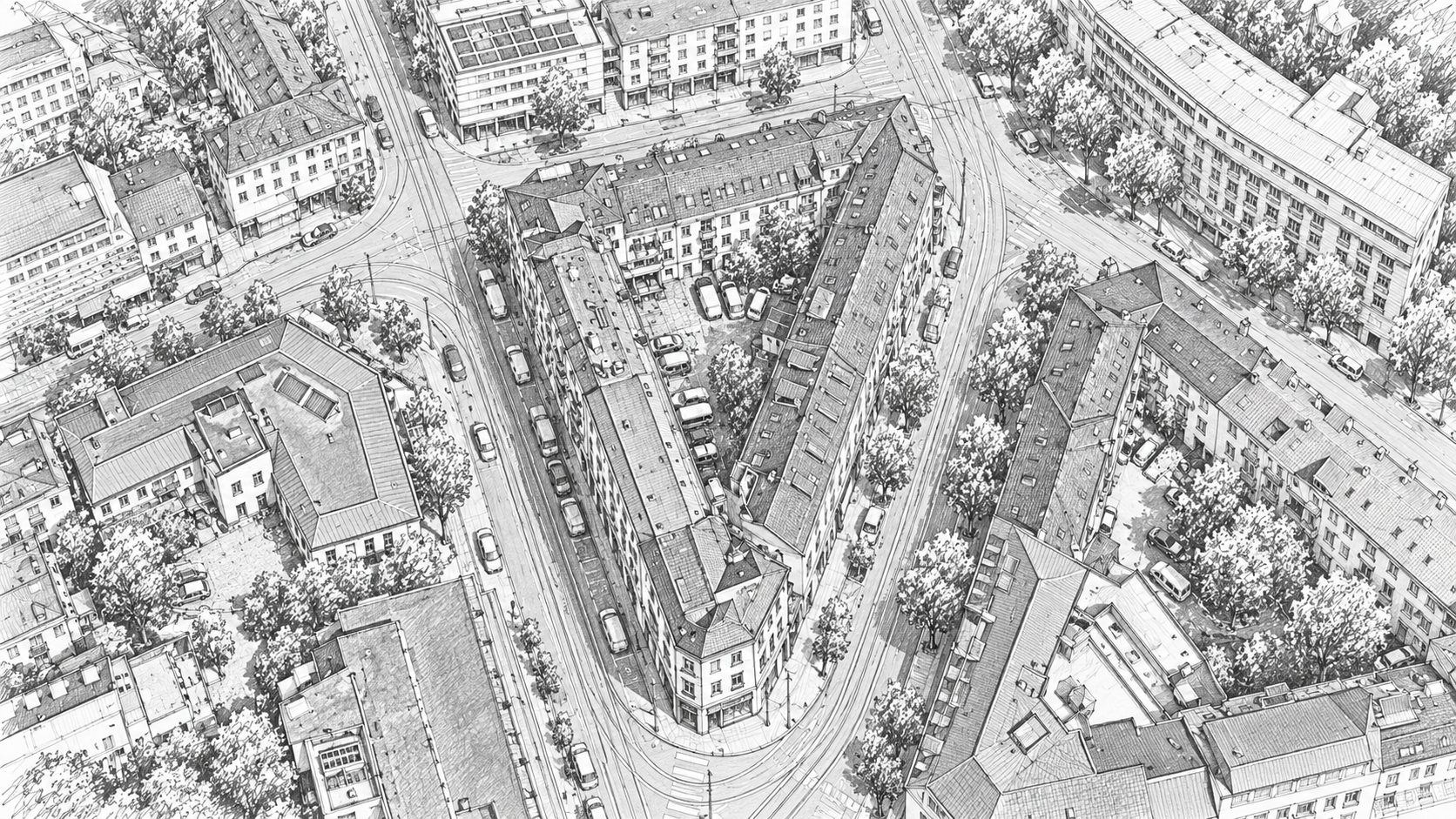 Zeichnung: Wohn- und Gewerbeliegenschaft Schaffhauserstrasse in Zürich aus der Vogelperspektive
