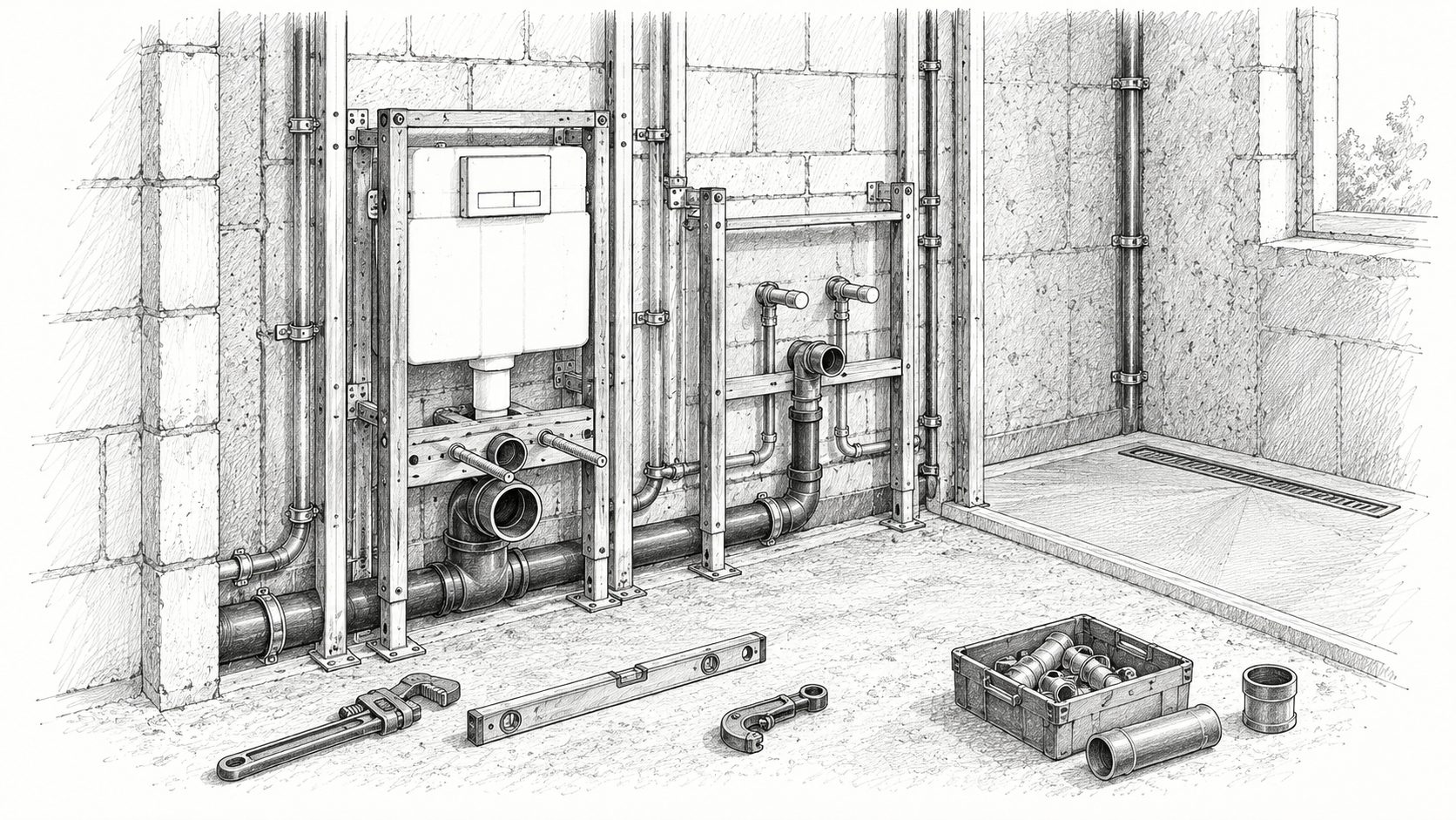 Zeichnung: Sanitärinstallation mit Vorwandelementen im Rohbau