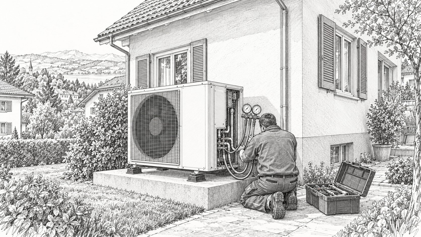 Zeichnung: Servicetechniker prüft das Aussengerät einer Wärmepumpe