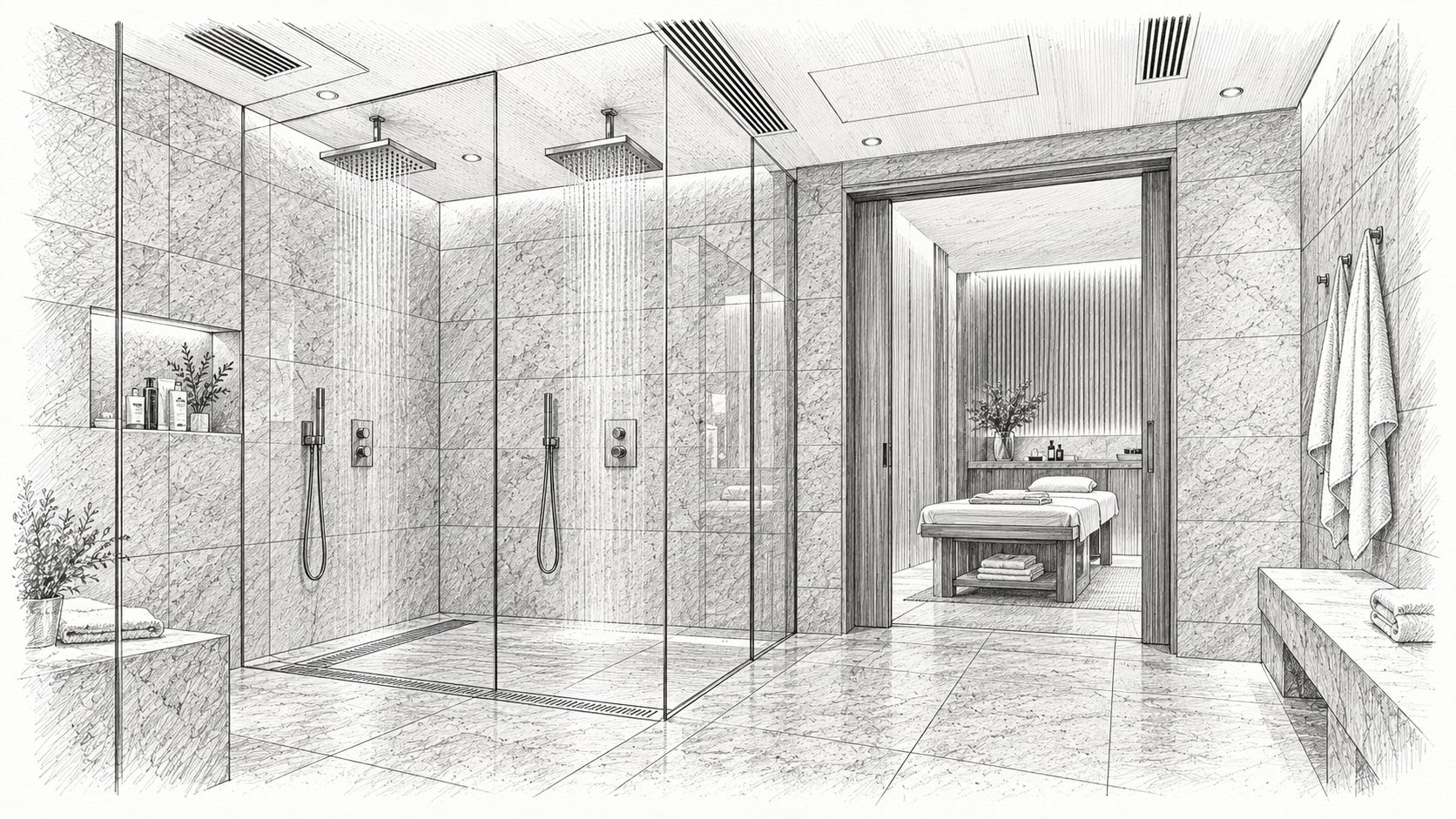Zeichnung: Duschbereich und Behandlungsraum in einem Spa