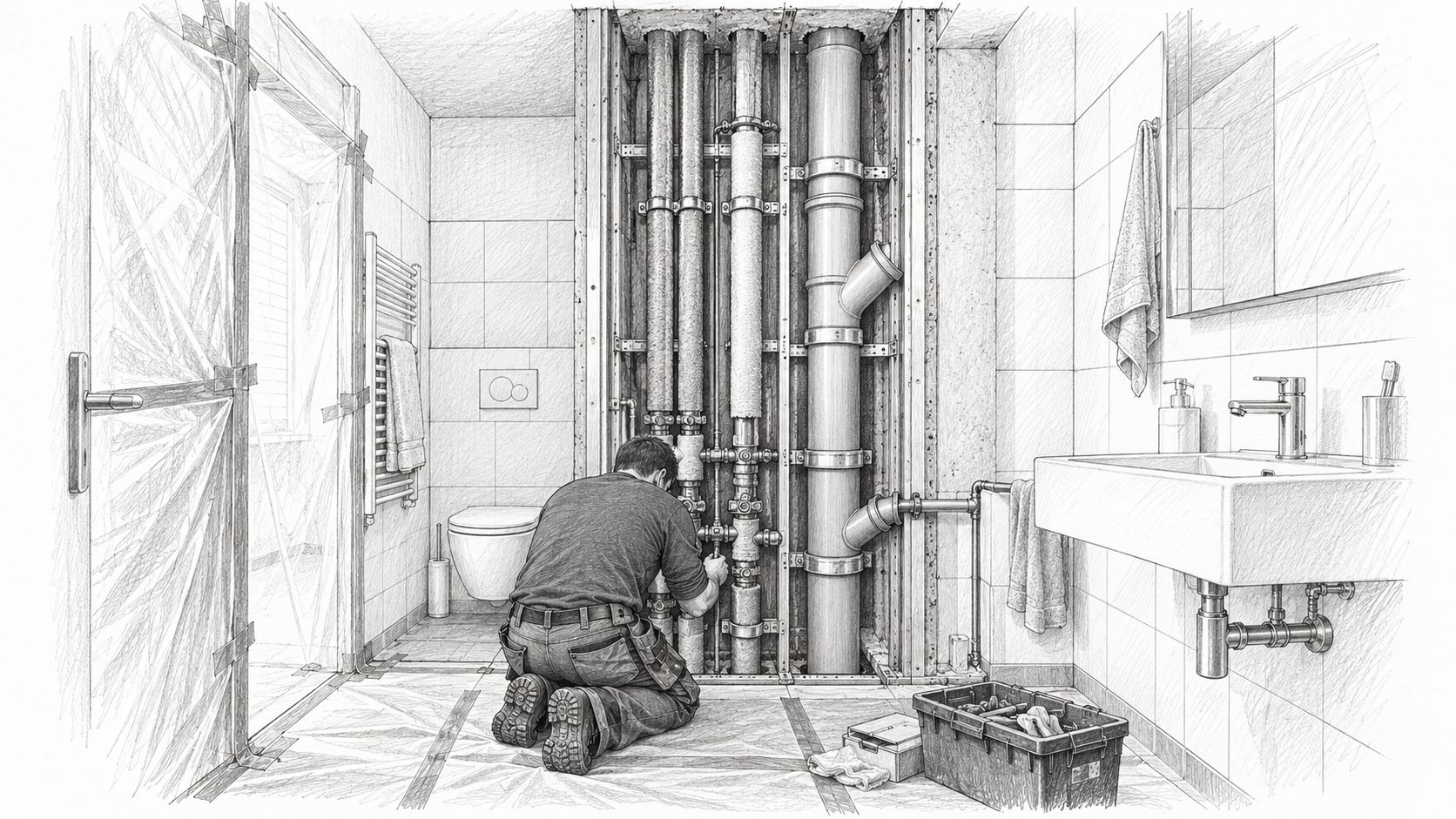 Zeichnung: Strangsanierung mit geöffnetem Installationsschacht im Bad